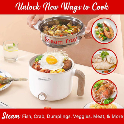 Brentwood 1.6-Qt. Multifunction Electric Ceramic Non-Stick Hot Pot Cooker with Stainless Steel Food Steamer, White