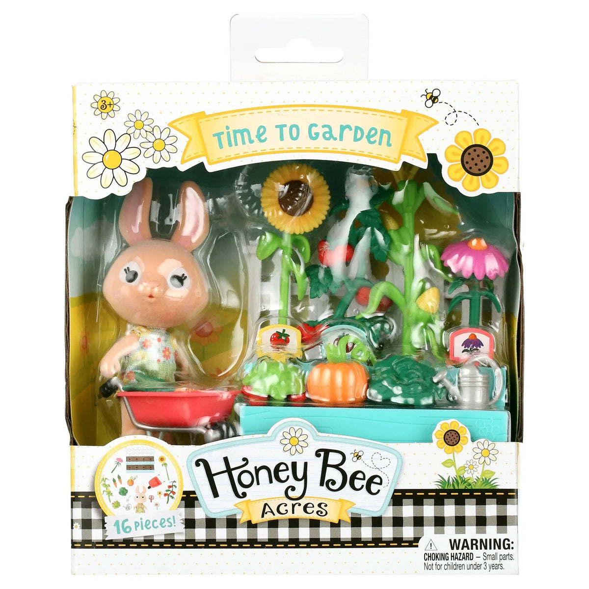Honey Bee Acres Time to Garden Playset – 16 Piece Miniature Dollhouse Set with Bunny Figure, Wheelbarrow, Vegetables & More&nbsp; – Dolls for Kids Ages 3+