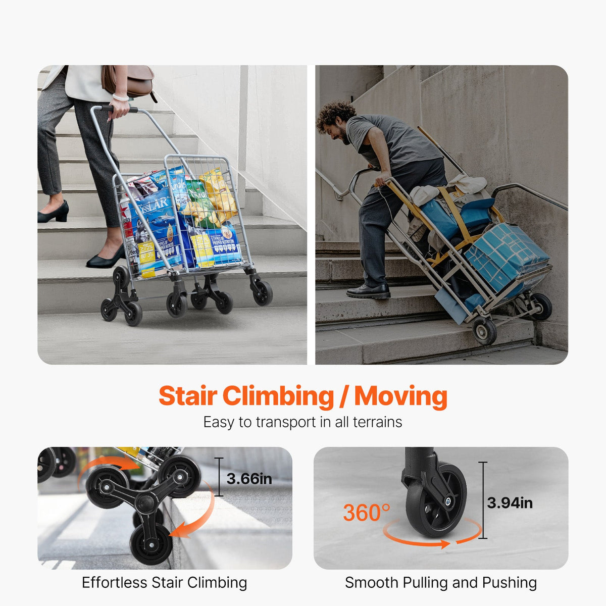 KFFKFF 45L Stair Climbing Grocery Cart with 360° Swivel Wheels, Foldable and Lightweight Utility Cart for Laundry, Travel, and Shopping, Silver