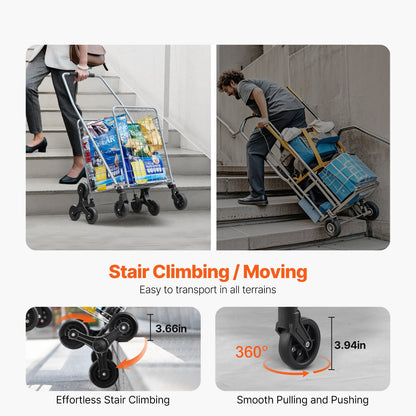 KFFKFF 45L Stair Climbing Grocery Cart with 360° Swivel Wheels, Foldable and Lightweight Utility Cart for Laundry, Travel, and Shopping, Silver