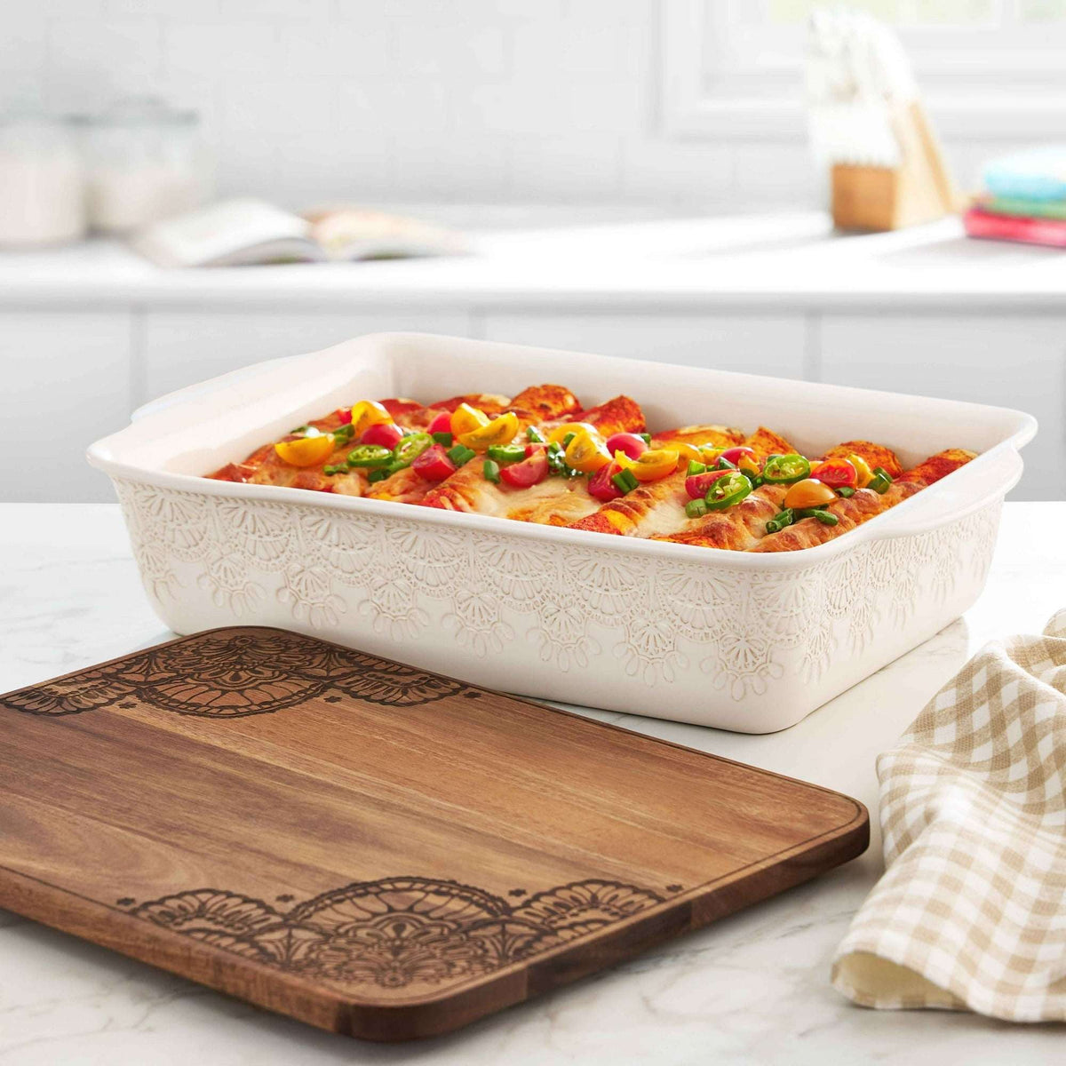 The Pioneer Woman 9" x 13" Vintage Lace Ceramic Casserole Baking Dish with Wood Lid, Linen
