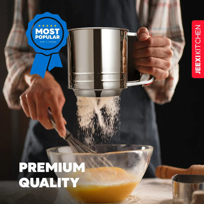 JEEXI Stainless Steel Flour Sifter with Soft Grip Handle, 3 Cup Capacity, Double Layer Fine Mesh for Sifting Flour, Sugar, and Coffee Powder, Durable Kitchen Gadget Tool for Baking and Pastry