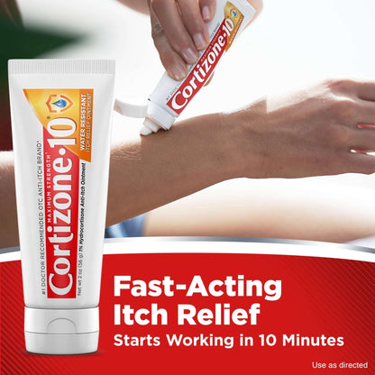 Cortizone-10 Maximum Strength Water Resistant Itch Relief Ointment, 1% Hydrocortisone, Fast-Acting, Anti-Itch Cream for Bug Bites, Rash, Eczema, Psoriasis, Poison Ivy, Oak, Sumac & More, 2 oz