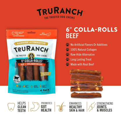 (5 pack) TRURANCH Collagen Rolls - 6" Collagen Rolls for Dogs - Long Lasting Healthy Joint Support Dog Treat - Rawhide Alternative - Skin & Coat Health - Made with Real Beef, 1 Bag, 4 Count