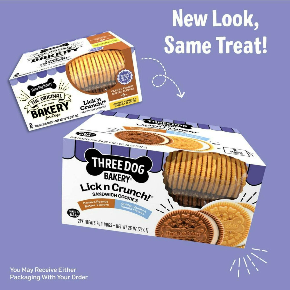 Three Dog Bakery Lick'n Crunch Sandwich Cookies, Carob and Peanut Butter and Golden and Vanilla Flavor, Crunchy Dog Treats, 26 oz.