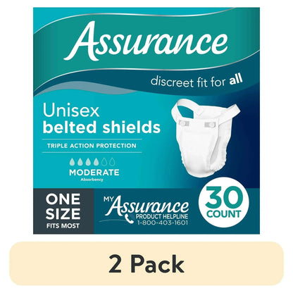 Assurance Unisex Incontinence Belted Shields, Moderate Absorbency, One Size Fits Most, 30 Count
