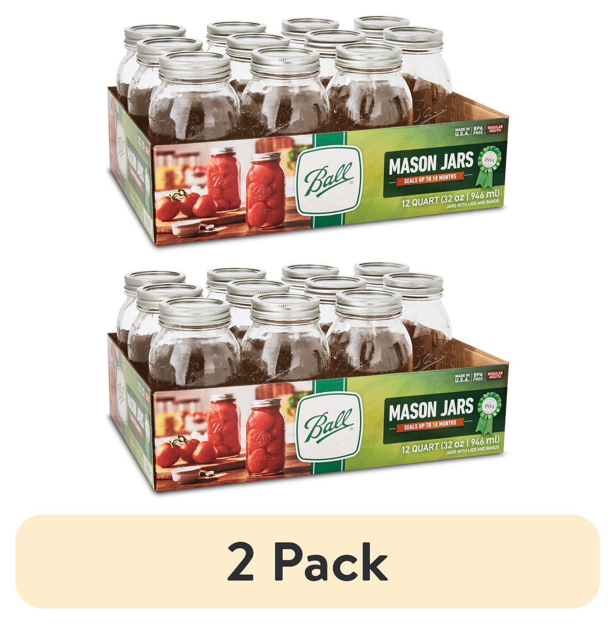 Ball 32 oz Mason Jars, Regular Mouth Quart Canning Jars with Lids and Rings, 12-Pack Large Glass Jars for Home Canning and Fermenting