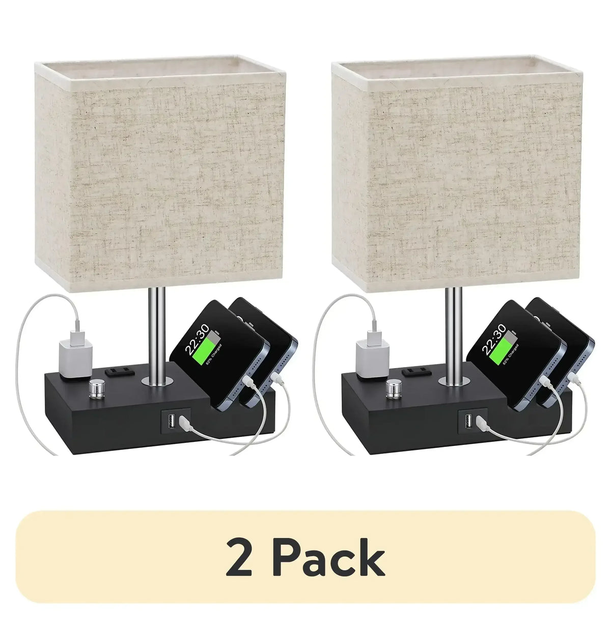 GPED Bedside Table Lamp for Bedroom with Dual Fast USB Charging Ports, Fully Dimmable Nightstand Lamps with 2 Phone Stands and 2 Charging Outlets, Desk lamp with Fabric Shade for Living Room