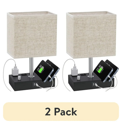 GPED Bedside Table Lamp for Bedroom with Dual Fast USB Charging Ports, Fully Dimmable Nightstand Lamps with 2 Phone Stands and 2 Charging Outlets, Desk lamp with Fabric Shade for Living Room
