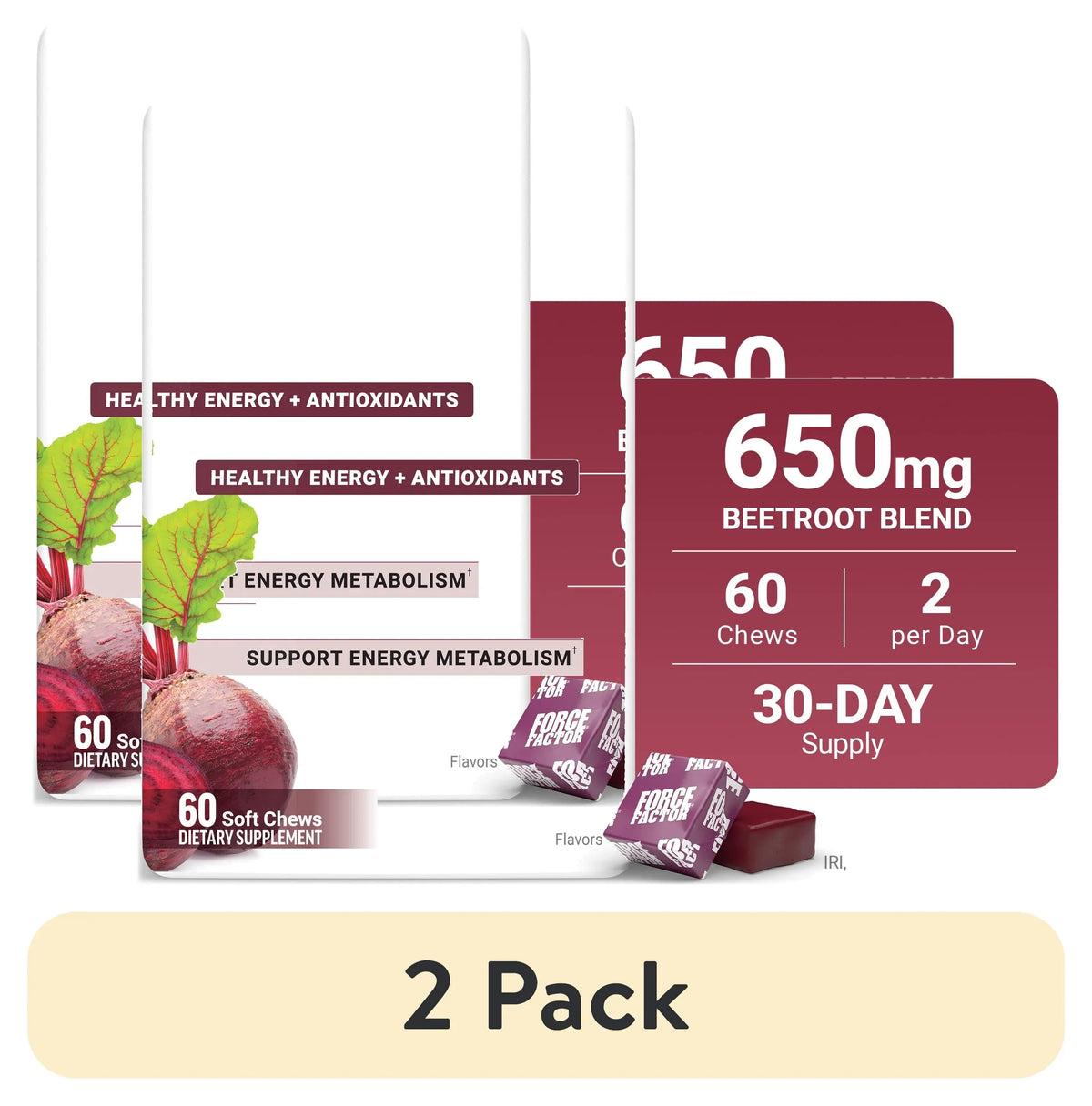 Force Factor Total Beets, Beet Root Supplement with Beetroot Powder for Heart Health, Nitric Oxide & Energy, Acai Berry, 60 Soft Chews