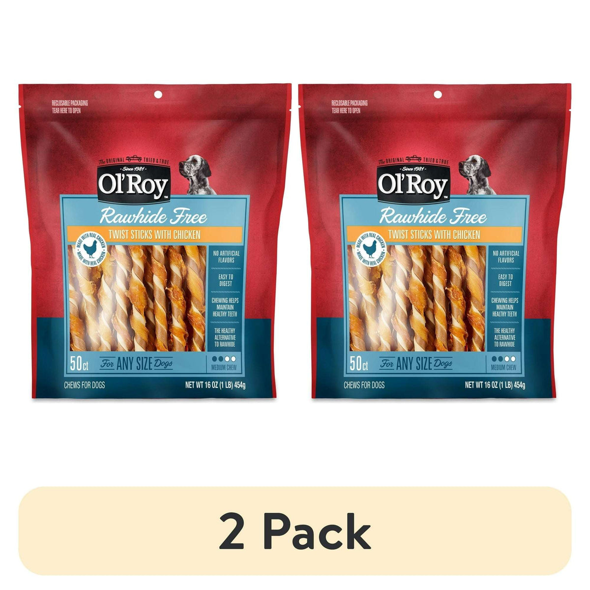 Ol' Roy Rawhide Free Twist Sticks with Chicken Dog Treats, 50ct,16oz.Bag
