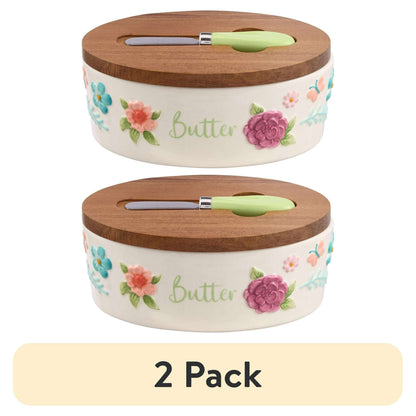 The Pioneer Woman Ceramic Painted Meadow Butter Dish with Acacia Wood Lid and Serving Knife, Best Used for Everyday Kitchen Organization