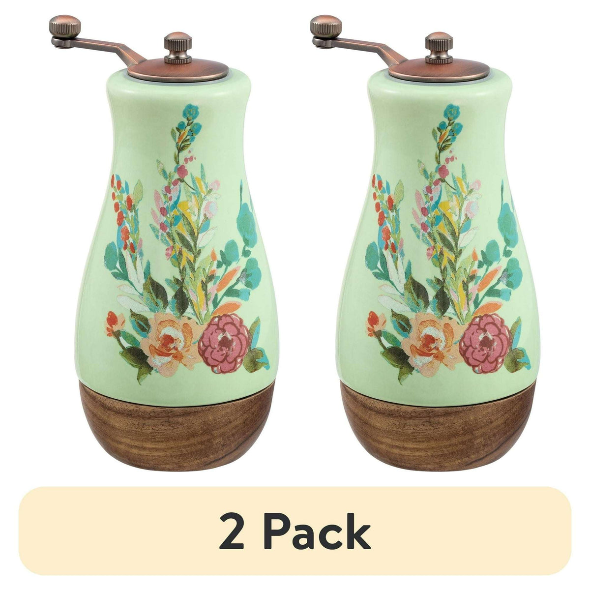The Pioneer Woman Ceramic Painted Meadow Pepper Mill with Metal Grinder and Acacia Wood Base, A Practical Choice for Seasoning Storage and Serving
