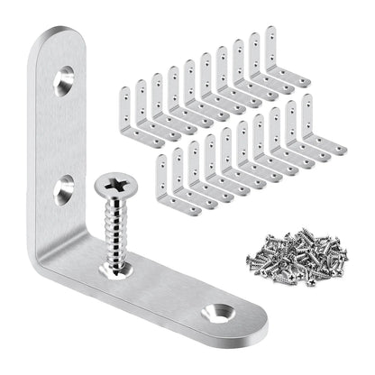20-Pack Stainless Steel L Shape Brackets, 2" x 2" Corner Brace, Heavy Duty L Brackets for Shelves, Wood and Furniture, Right Angle Brackets with Enough Screws & Anchors