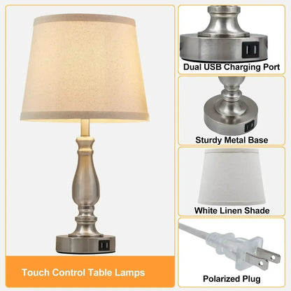 NATYSWAN Lamps for Bedrooms Set of 2, Brushed Nickel Bedside Lamps with USB Ports, 3 Way Dimmable Nightstand Lamps , Touch Table Lamp for Living Room Bedroom Office, Bulbs Included