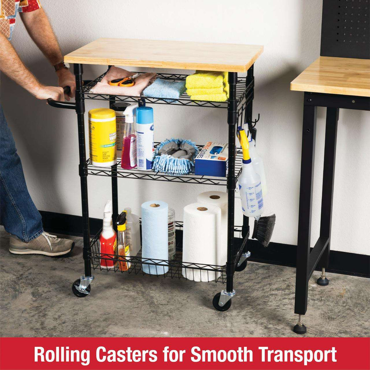 Rubbermaid 3-Tier Heavy Duty Black Rolling Utility Cart with Solid Wood Top, 300lb Capacity