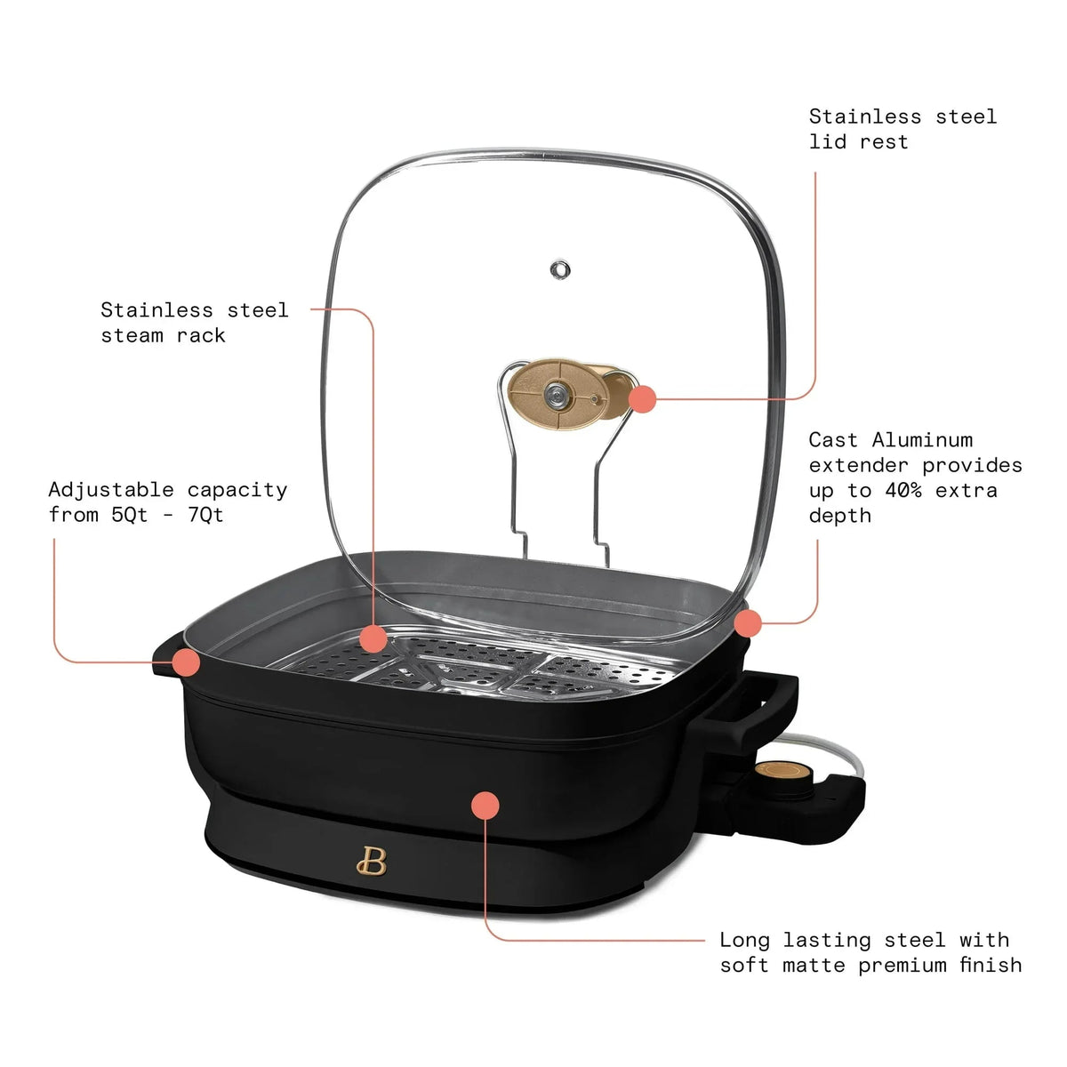 Beautiful 5 in 1 Electric Skillet - Expandable up to 7 Qt with Glass Lid, Black Sesame by Drew Barrymore