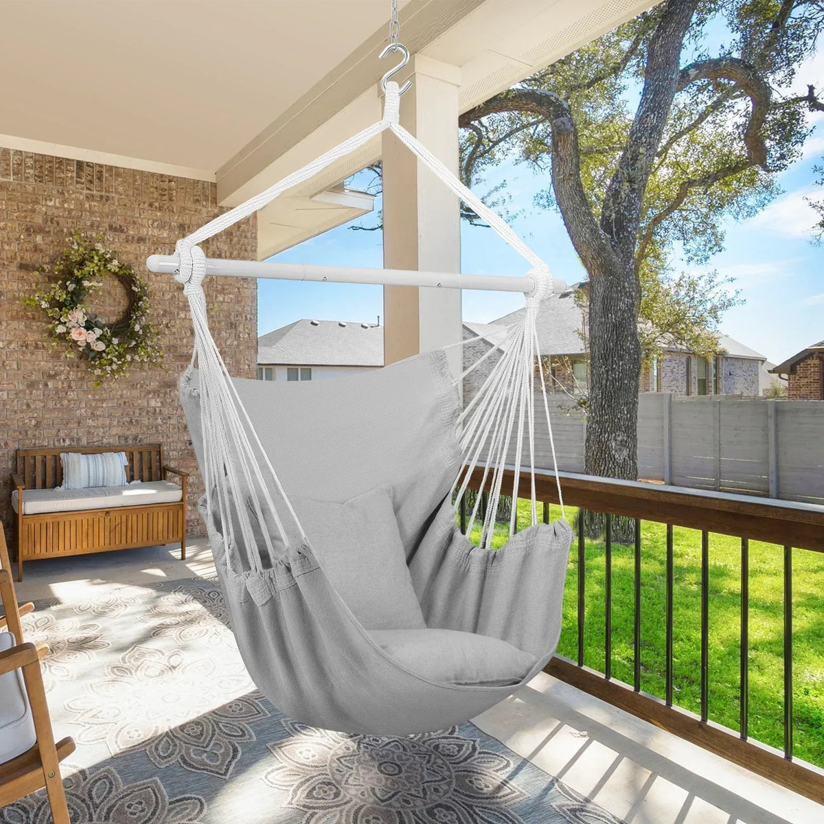 Large Hammock Chair Swing, Relax Hanging Rope Swing Chair with Detachable Metal Support Bar & Two Seat Cushions, Cotton Hammock Chair Swing Seat for Yard Bedroom Patio Porch Indoor Outdoor