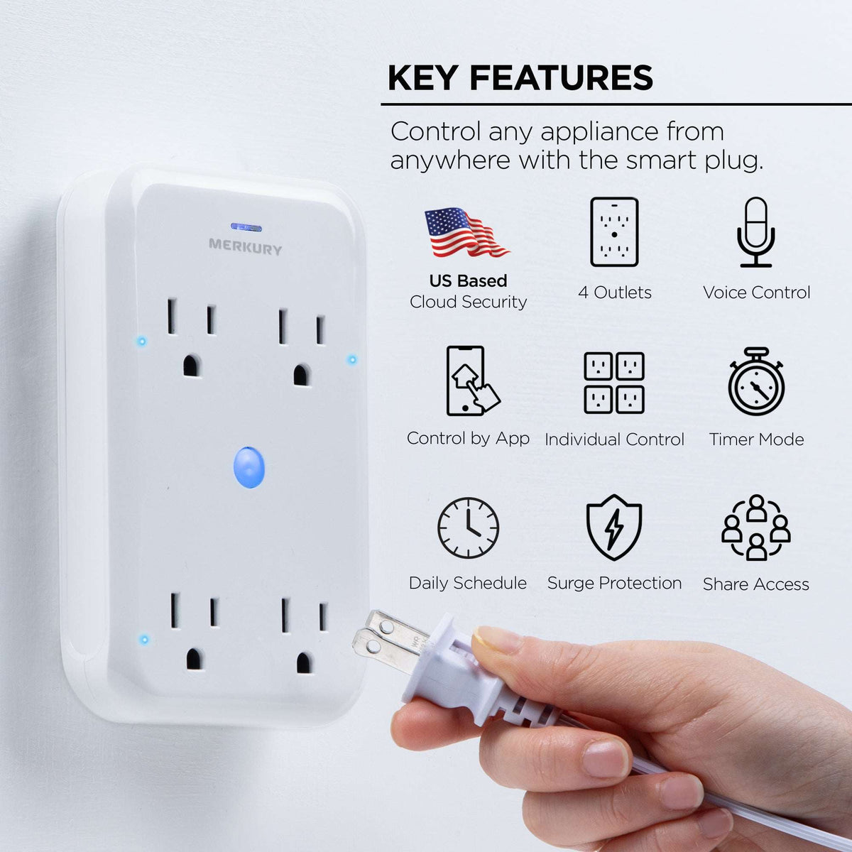 Merkury Innovations Smart 4-Outlet Wall Extender, 15A 1800W, Wi-Fi Enabled, Works with Alexa & Google Assistant – White