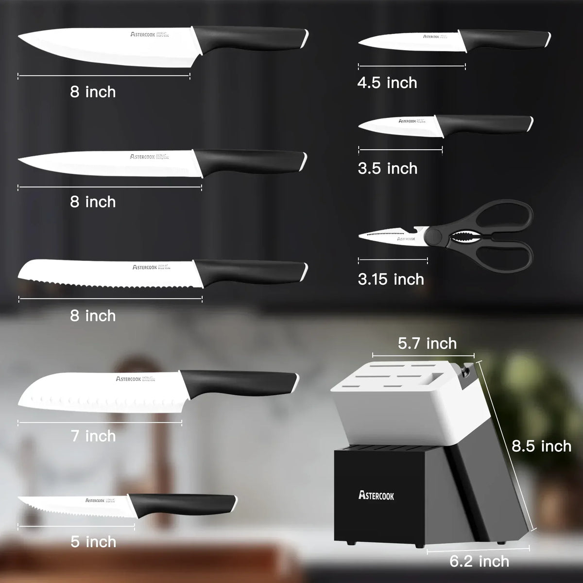 Astercook Knife Set, 14 Pieces Kitchen Knives Set with Healthy Anti-Rust Coating, Stainless Steel Knife Sets with Built-in Sharpener, Sharp & Rust Resistant Dishwasher Safe