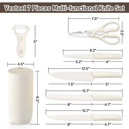 Vesteel Kitchen Knife Set of 7, Professional Stainless Steel Knives Set for Kitchen with Universal Knife Block - Khaki