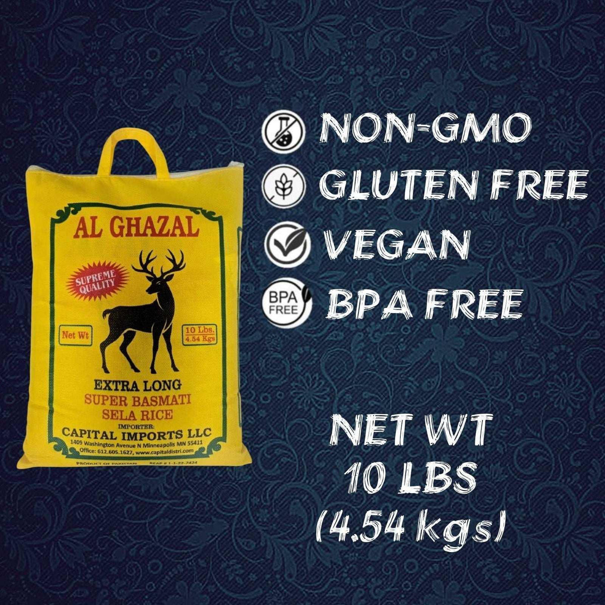 Al Ghazal Basmati Sela Rice Extra Long Super Basmati sela 10 Lbs / 4.54 kg, Non GMO, Extra Long Basmati Rice, White Rice, Vegan Dried Rice, BPA & Gluten Free, Zip Lock Bag, Non Sticky Grain
