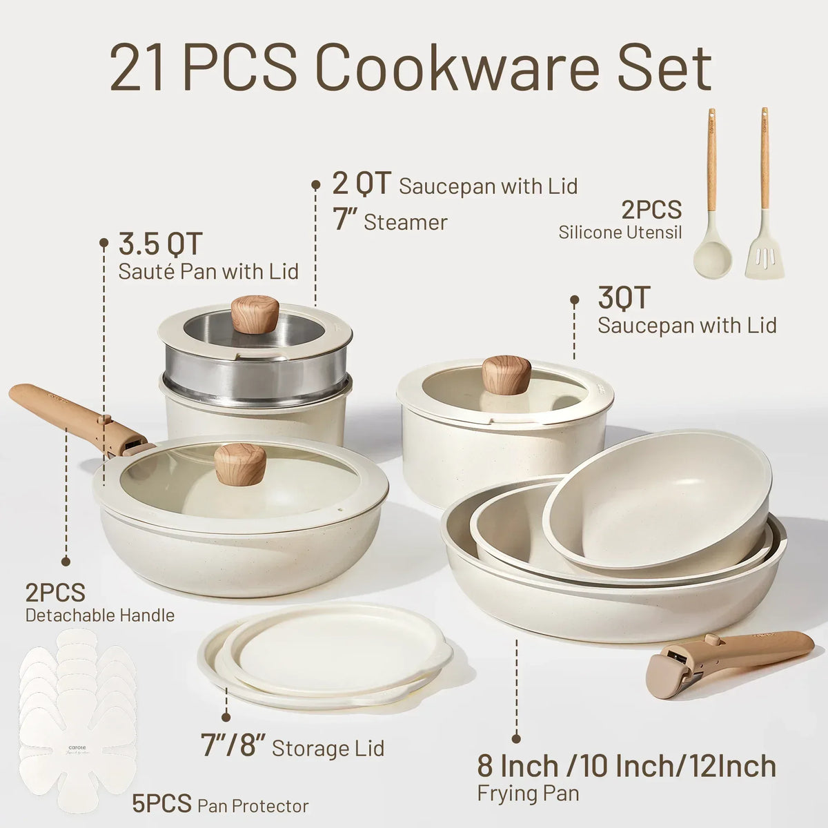 Carote 15 Pcs Nonstick Cookware Sets, Granite Non Stick Pots and Pans with Removable Handles, Oven Safe, Induction Compatible, Black