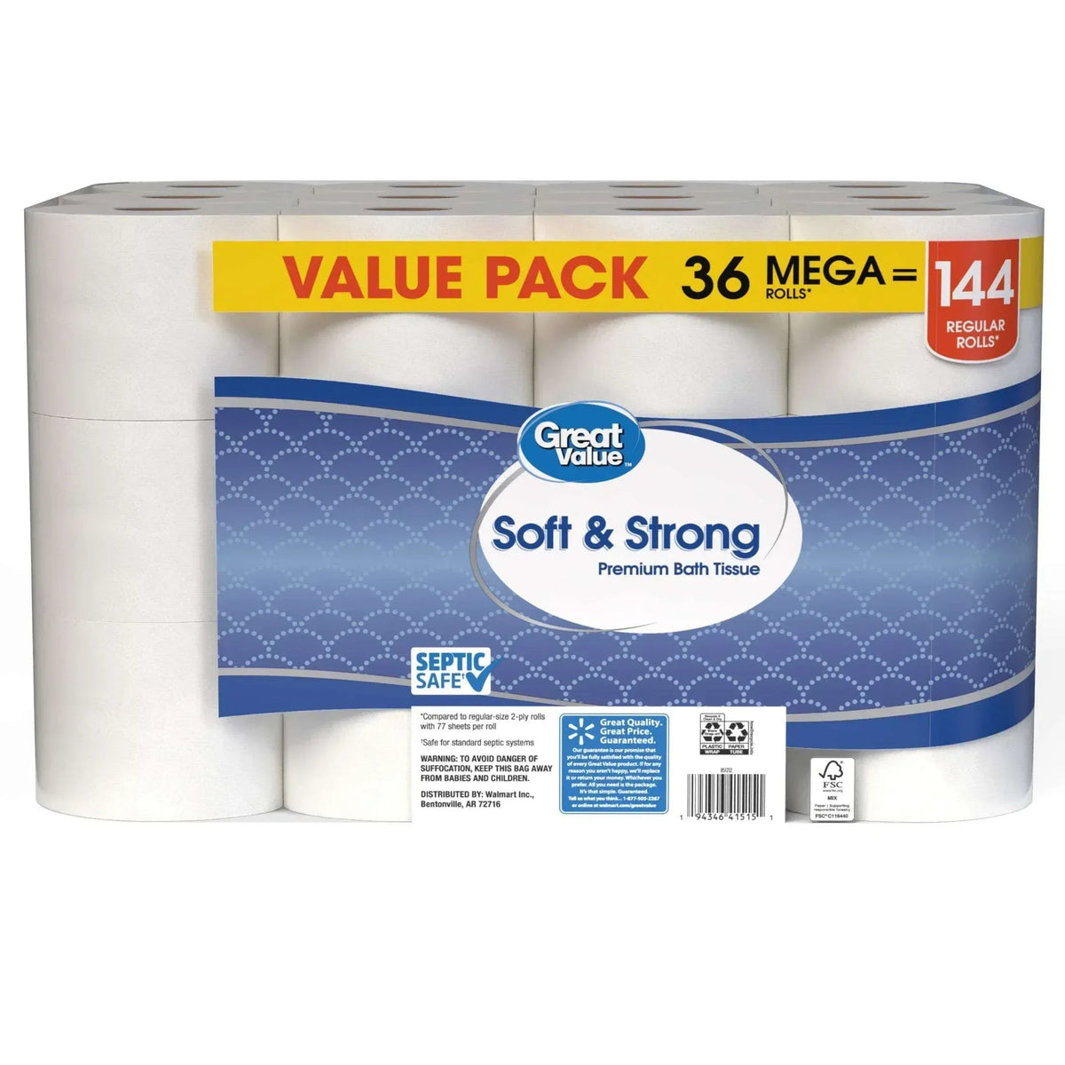 Great Value Soft & Strong Premium Toilet Paper, 36 Mega Rolls, 380 Sheets per Roll