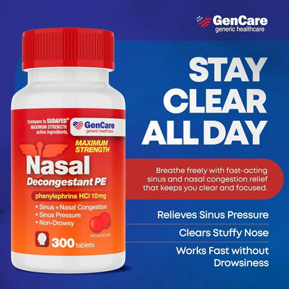 GenCare Nasal Decongestant Tablets, Phenylephrine HCl 10 mg, Non-Drowsy, 300 Count