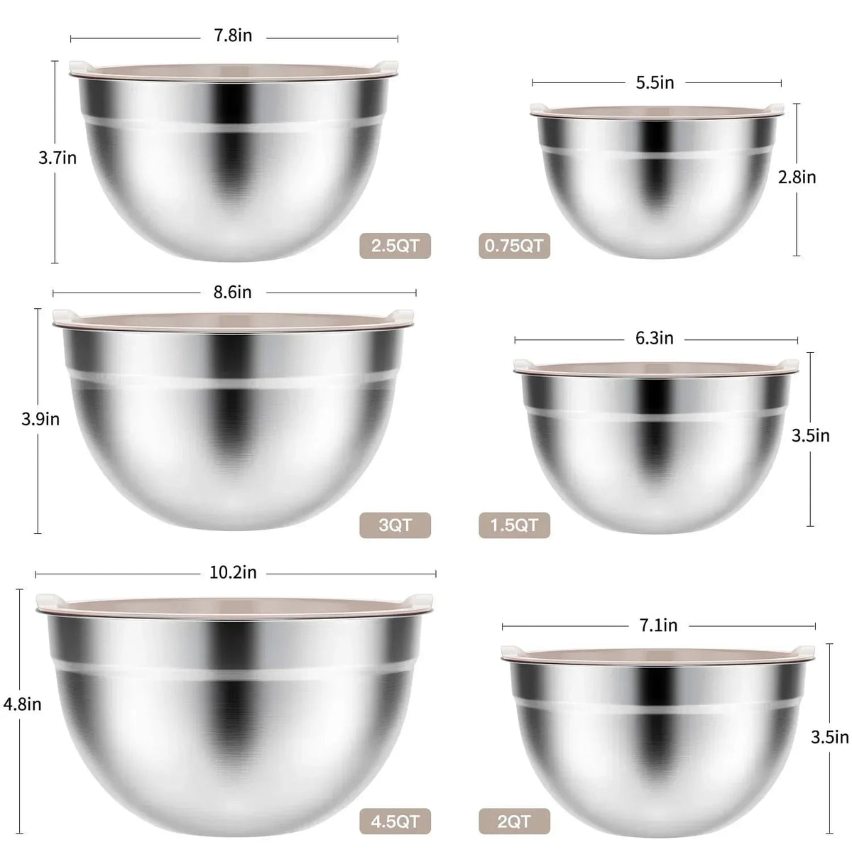 Stainless Steel Mixing Bowls Set, TINANA 6 Pack Mixing Bowls with Lids, Metal Nesting Storage Bowls for Kitchen, 4.5/3/2.5/2/1.5/0.75QT, Great for Prep, Baking, Serving, Khaki