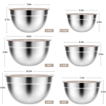 Stainless Steel Mixing Bowls Set, TINANA 6 Pack Mixing Bowls with Lids, Metal Nesting Storage Bowls for Kitchen, 4.5/3/2.5/2/1.5/0.75QT, Great for Prep, Baking, Serving, Khaki