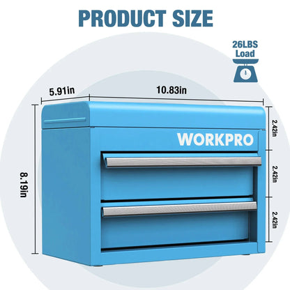 WORKPRO Mini Metal Tool Box with 2 Drawers and Top Storage, Small Tool Chest with PVC Liners and PP Feet Pads, Cold Rolled Steel Toolbox with Magnetic Tab, Blue