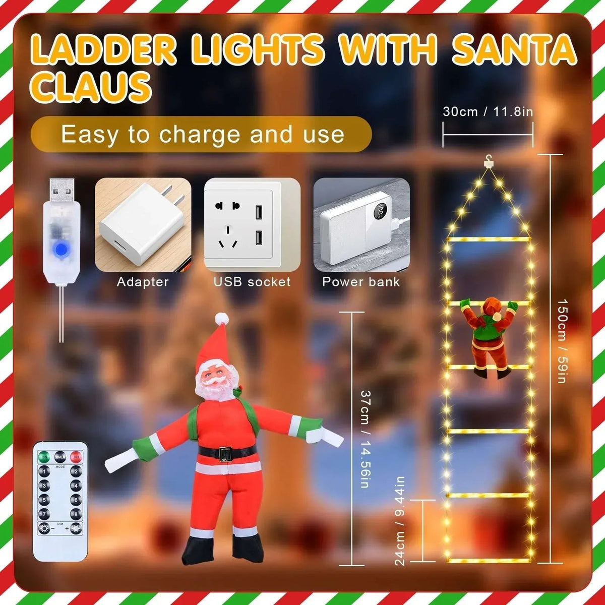 Fohil Christmas Lights, Novelty LED Ladder Lights with Climbing Santa, Christmas Decorations Indoor Outdoor, USB Rechargeable 8 Mode, Home Wall Door Decor