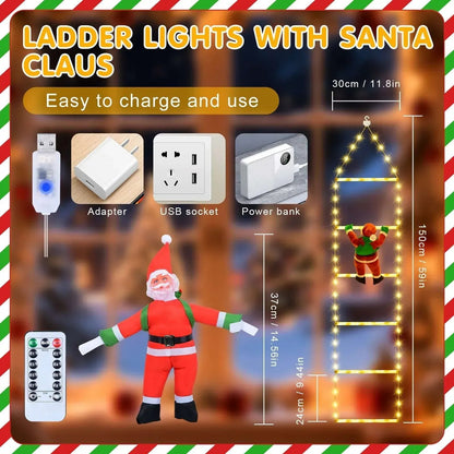 Fohil Christmas Lights, Novelty LED Ladder Lights with Climbing Santa, Christmas Decorations Indoor Outdoor, USB Rechargeable 8 Mode, Home Wall Door Decor
