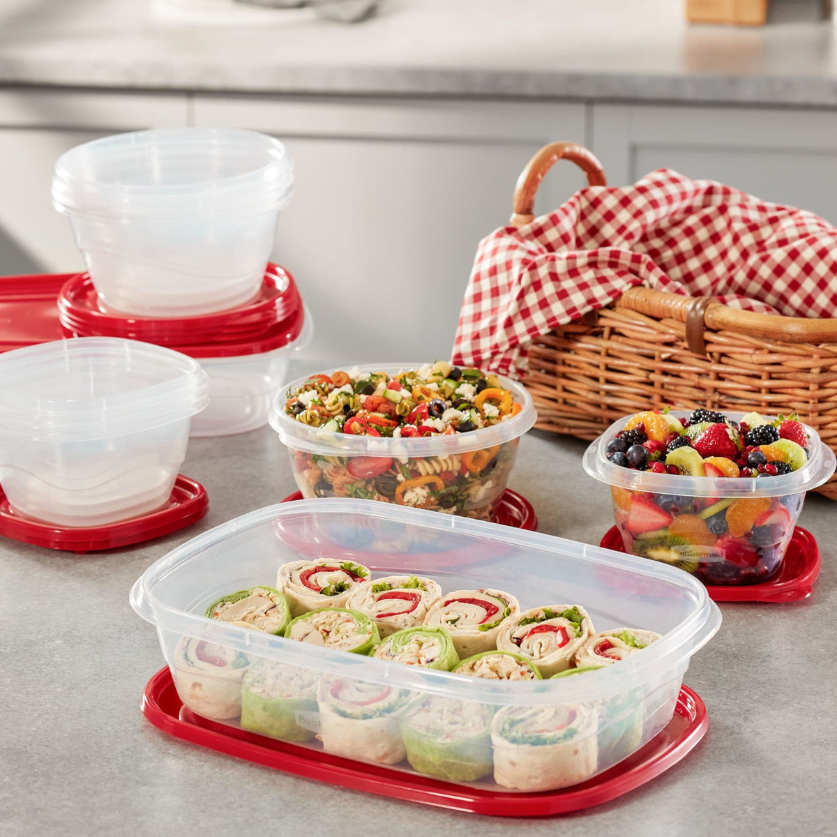 Rubbermaid TakeAlongs, 1 Gallon, 2 Packs, Red, Large Rectangular Plastic Food Storage Containers