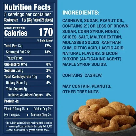 PLANTERS Cashews Cinnamon & Brown Sugar, Party Snacks, Plant Based Protein, 5 oz Bag