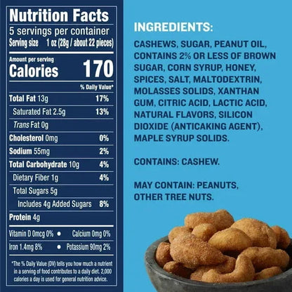 PLANTERS Cashews Cinnamon & Brown Sugar, Party Snacks, Plant Based Protein, 5 oz Bag