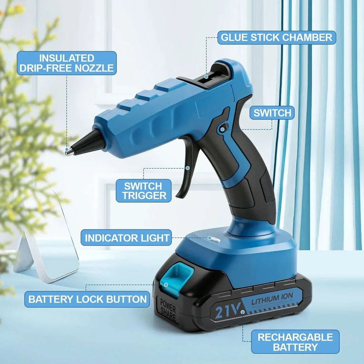 Cordless Hot Glue Gun with 2.0Ah Battery Charger and 30pcs Full Size Glue Sticks 100W Power Melt Glue Gun for DIY Festival Decor and Gifts, Blue