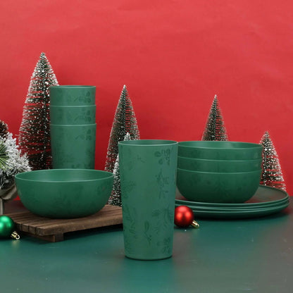 Mainstays 12-Piece Plastic Etched Holly Dinnerware Set, Green
