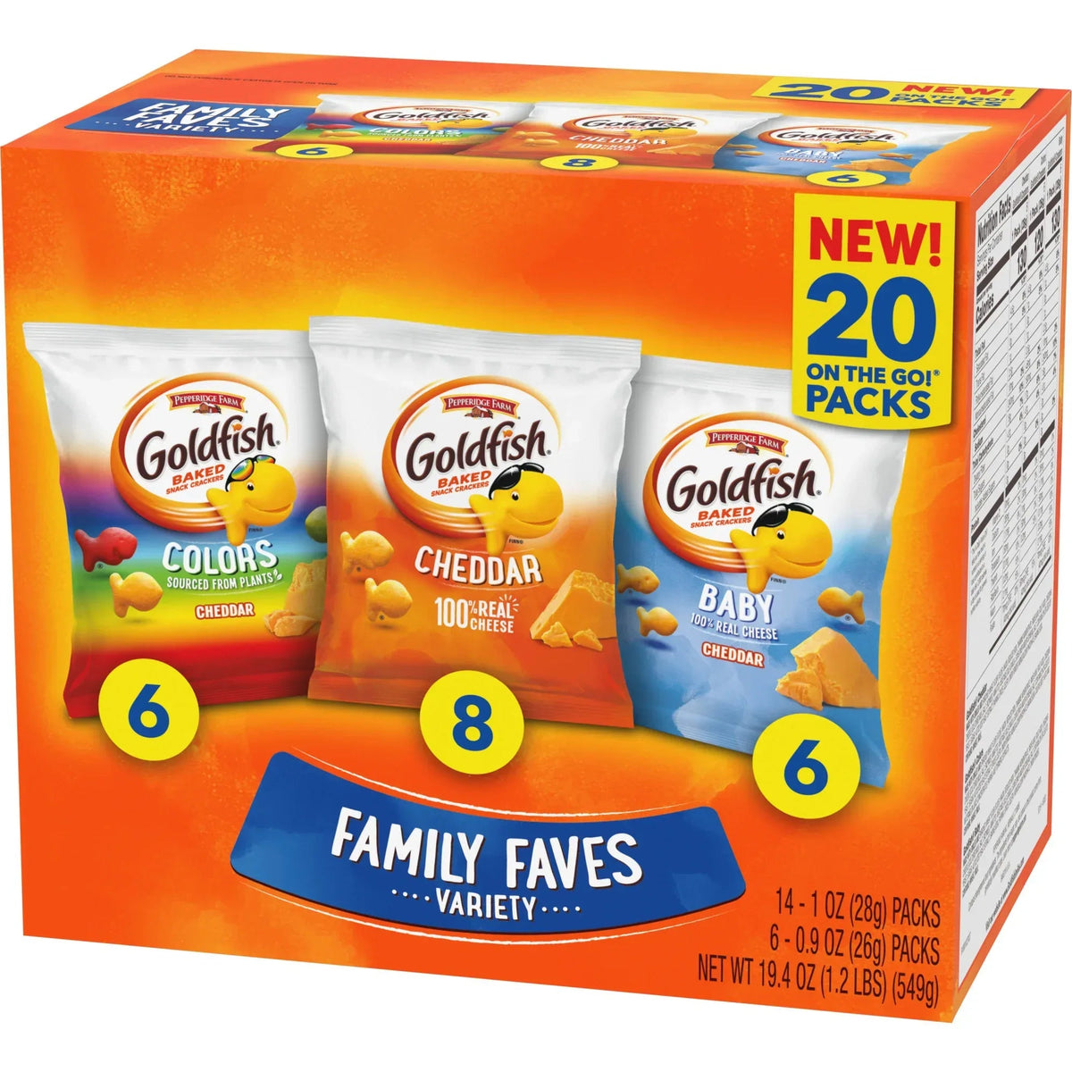 Goldfish Family Faves Crackers, Cheddar, Colors and Baby Crackers Snack Pack, 0.9 oz, 20-Count Variety Pack Box
