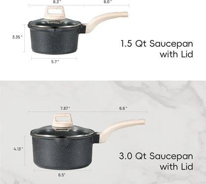 Carote 1.5Qt & 3.0Qt Non-Stick Sauce Pan Set with Lid, Non Stick Sauce Pots Cooking Pot with Pour Spout, Easy to Clean(Class Granite)