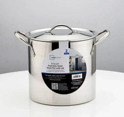 Mainstays 8-Qt Stainless Steel Stock Pot with Metal Lid, Ultra Durable, Stay-Cool Handles, Hand Wash Only
