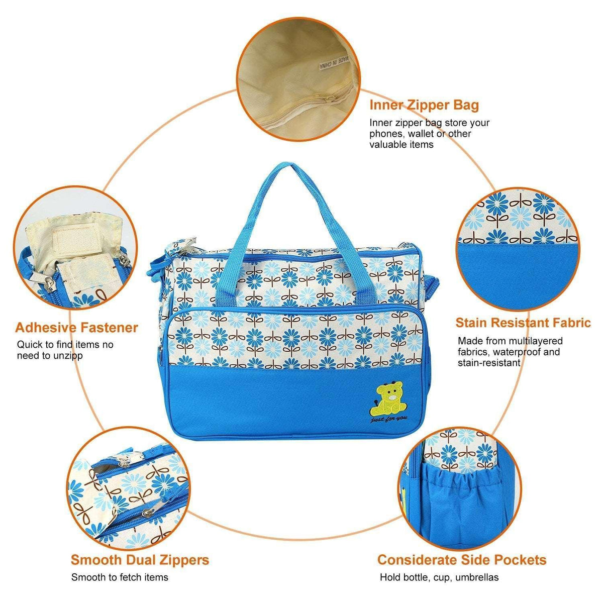 Baby Diaper Bag 5 Pcs Toddler Diaper Bag Tote Multifunction Portable Baby Bag for Boys and Girls Blue
