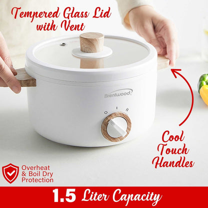 Brentwood 1.6-Qt. Multi-Function Electric Hot Pot Cooker with Stainless Steel Food Steamer and Ceramic Non-Stick Coating, White, HPS-3162W, HPS-3162W