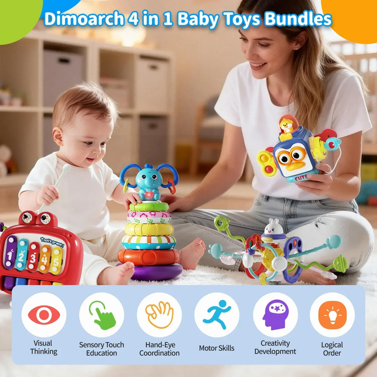 Dimoarch 4 in 1 Baby Toys 6-12 Months Boys Girls, Montessori Babies Toy, Infant Toys Suitable for 3-6-9-12 Months Old Baby Boys and Girls Toy Bundles Gift