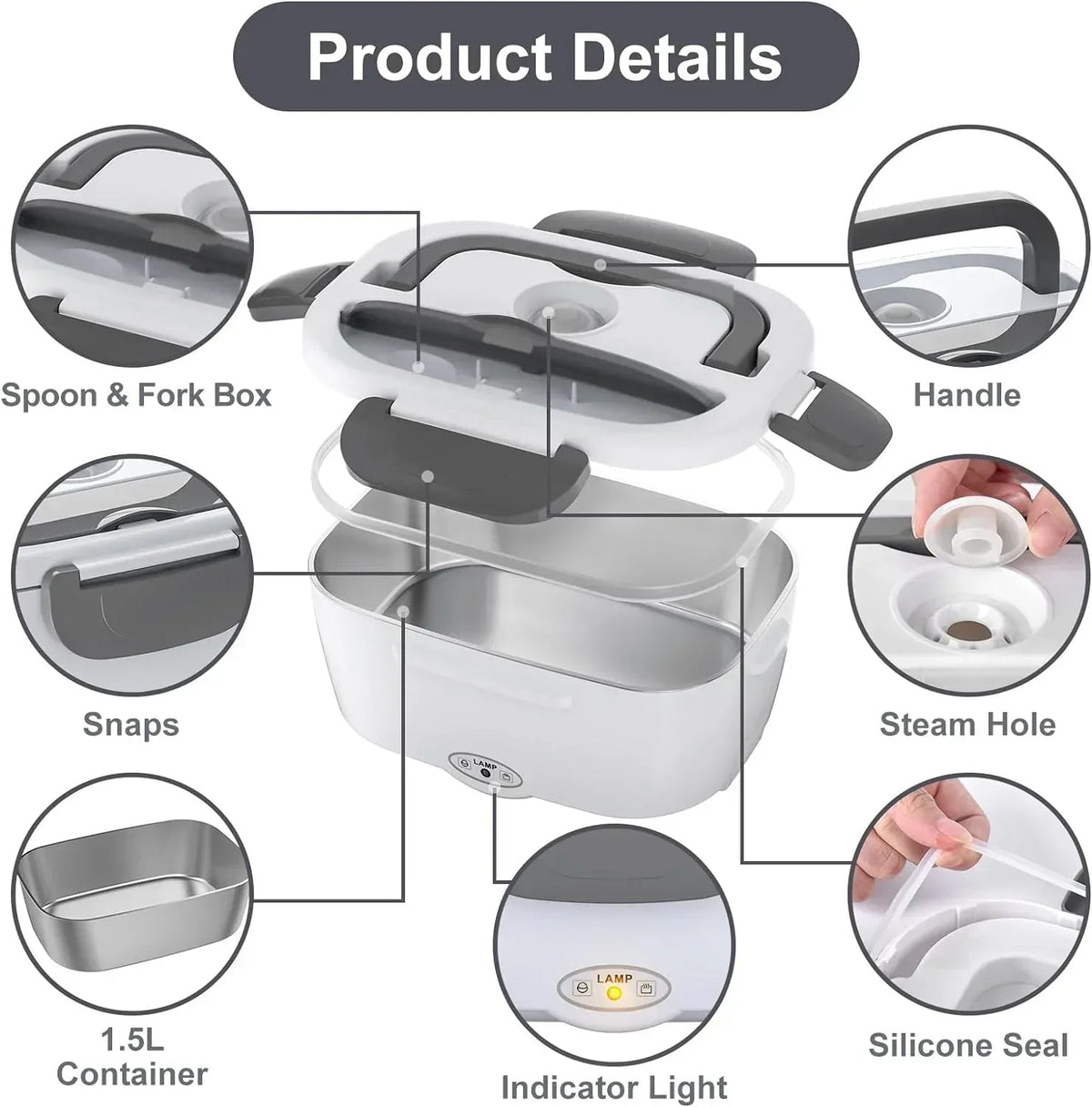 Electric Lunch Box Food Heater, AOKIWO 80W Electric Heating Lunch Boxes for Car/Men/Adults/Home/Work, 1.5L Removable 304 Stainless Steel Container, 110V/12V/24V, with Fork & Spoon