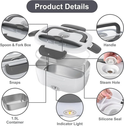Electric Lunch Box Food Heater, AOKIWO 80W Electric Heating Lunch Boxes for Car/Men/Adults/Home/Work, 1.5L Removable 304 Stainless Steel Container, 110V/12V/24V, with Fork & Spoon