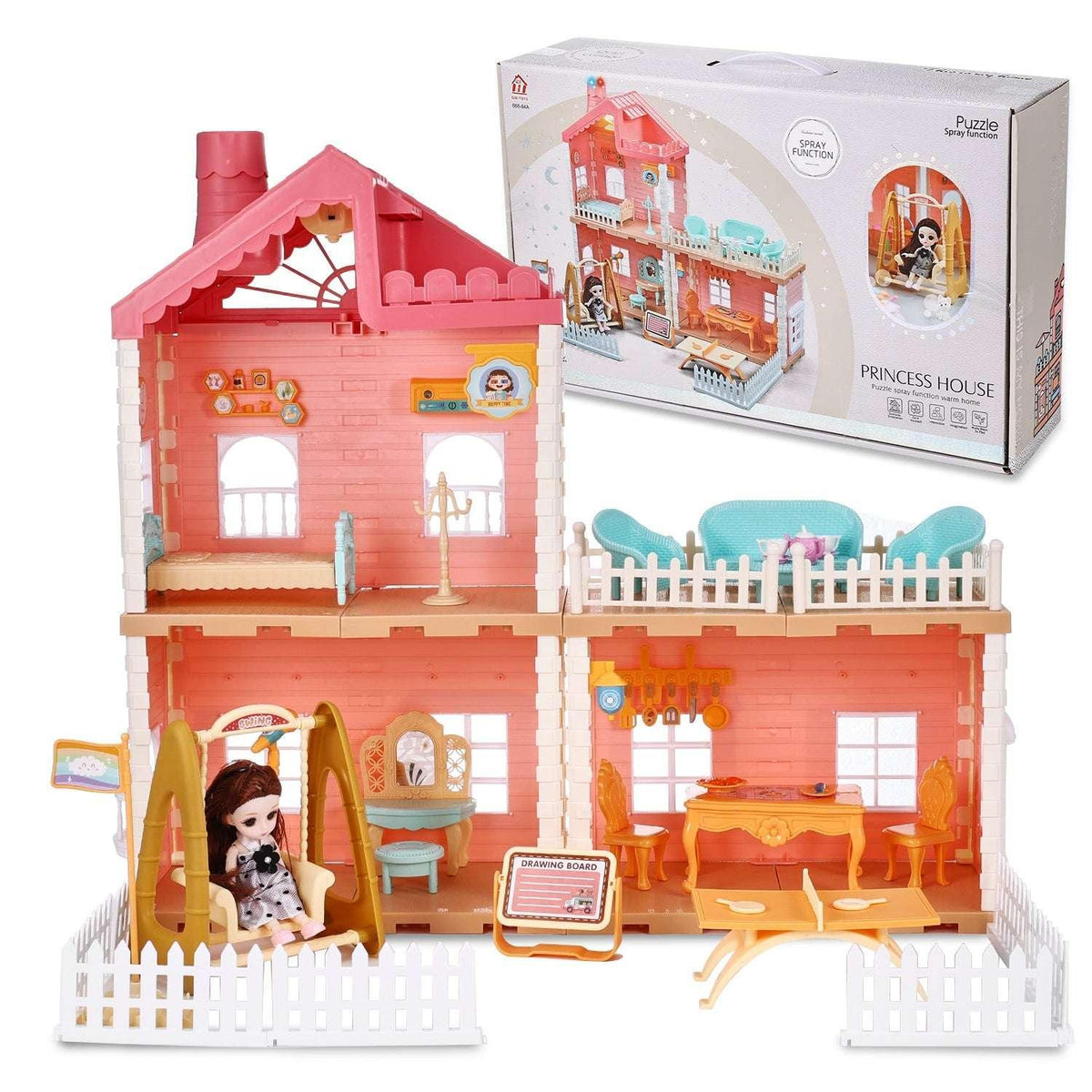 Hengswere 19Inch Dollhouse for Girls, 3 Rooms Princess Dollhouses with Furniture & Accessories and Doll Toy, Premium ABS Plastic, Pink