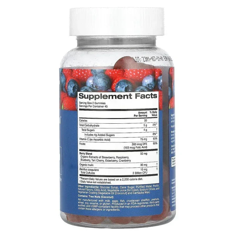 California Gold Nutrition, Probiotic with Inulin Gummies with Vitamin C, Folate, Berry Extract Blend and Organic Inulin, Natural Mixed Berry, 90 Vegetarian Gummies
