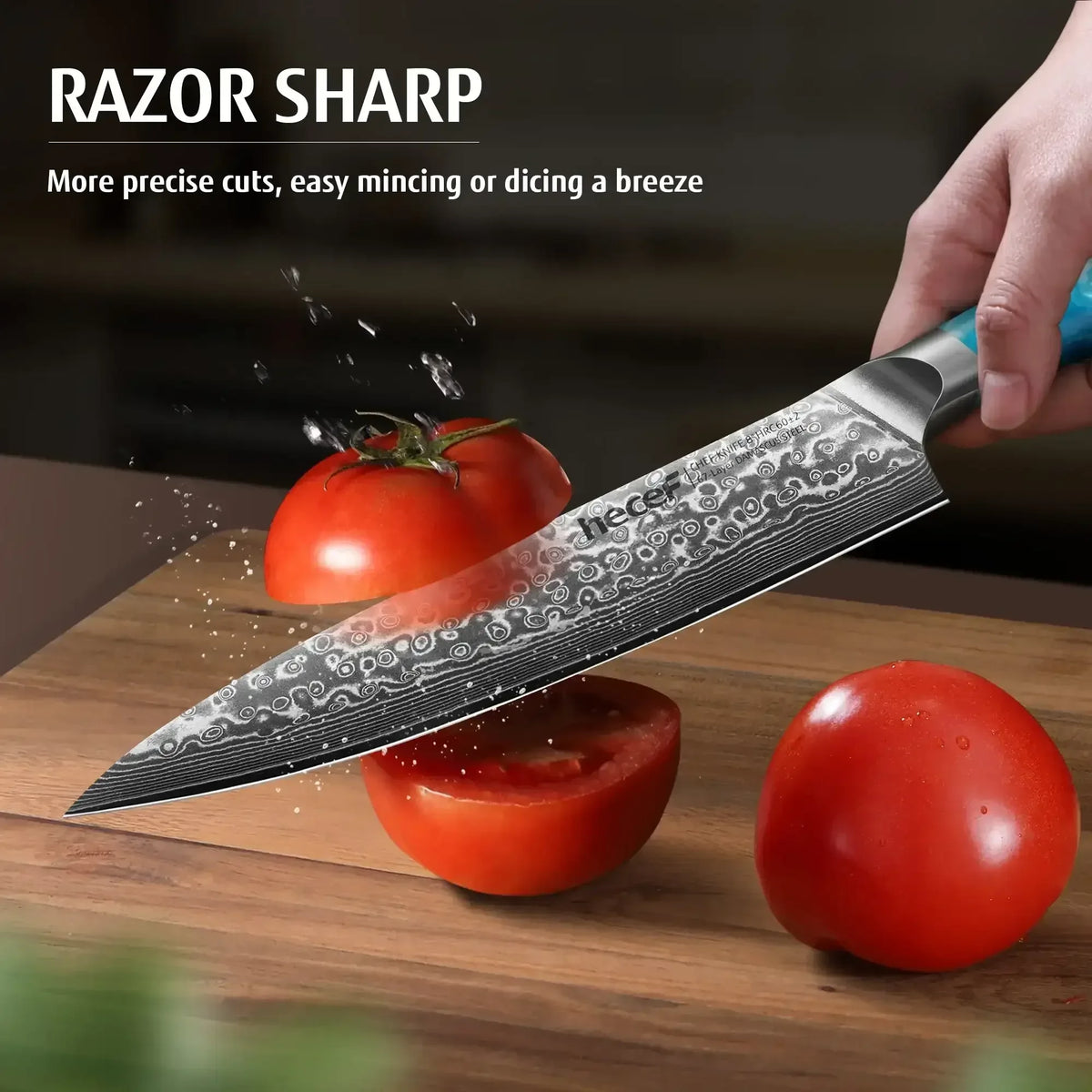 Hecef 8-Inch Chef Knife, Japanese Damascus Steel Blade with Resin Handle